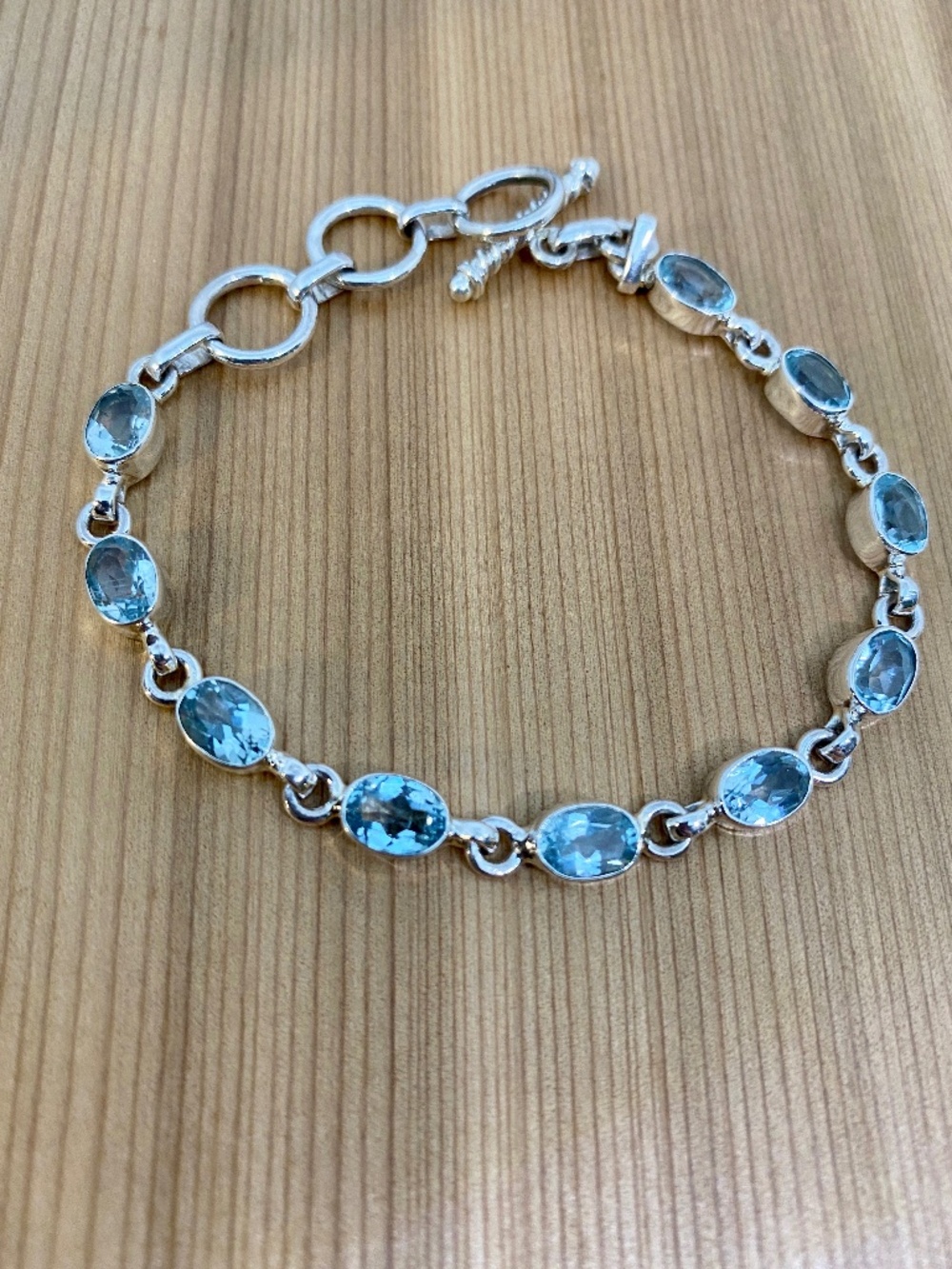 Natural Blue Topaz Sterling Silver Bezel Set Adjustable Bracelet 7.5” 10g